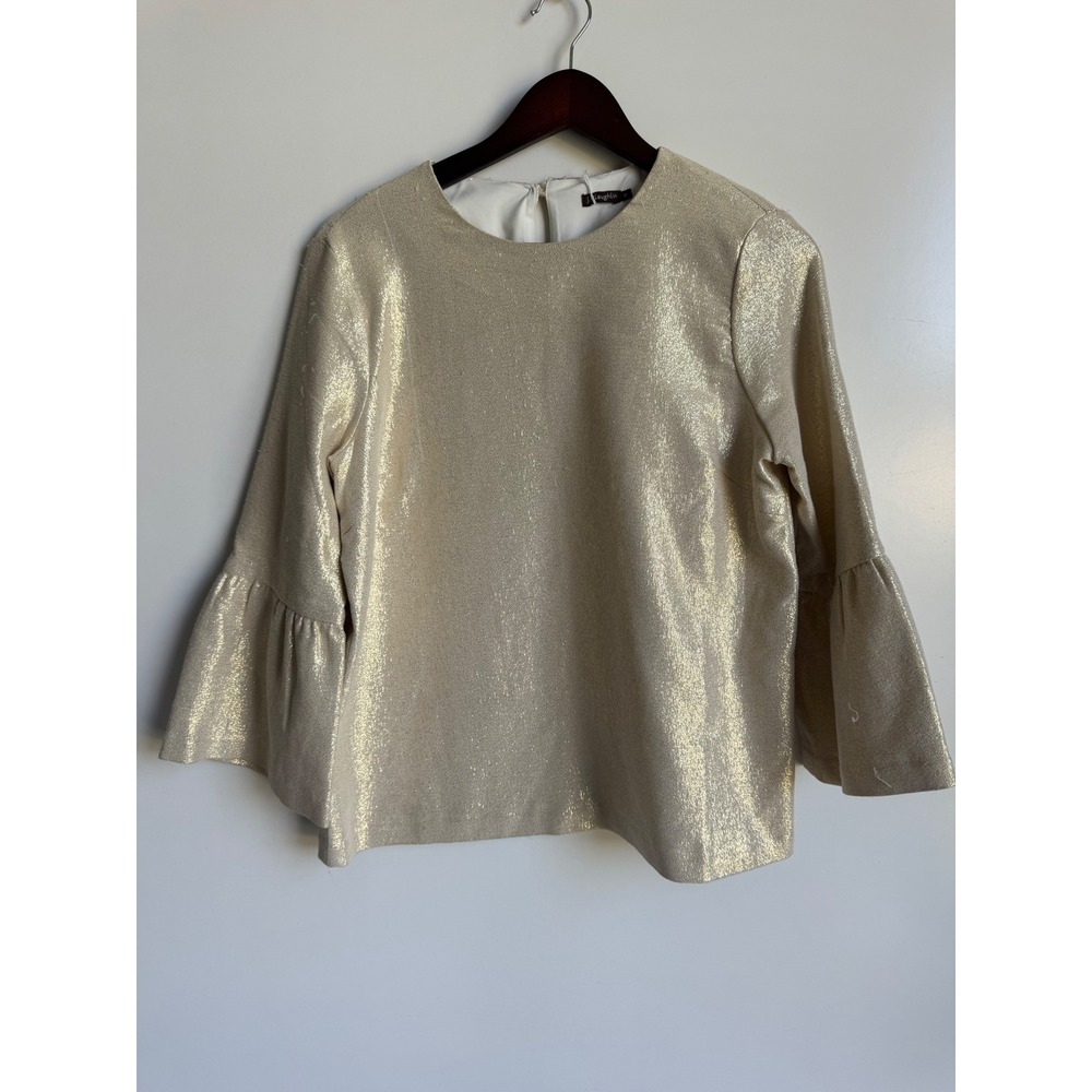 J.McLaughlin Gold Metallic Bell Sleeve Top Ruffle Shimmer Party Blouse Medium